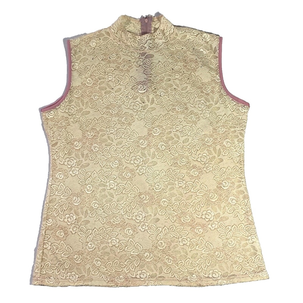 Y2K Tank Top Large Floral Lace Crystals Mock Neck Stretchy Beige Blouse